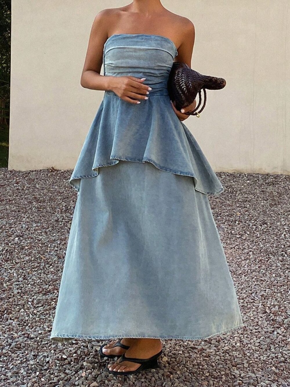 Blue Casual Bohemian Women's Midi Denim Dress with Spaghetti Straps - Picture 3 of 7